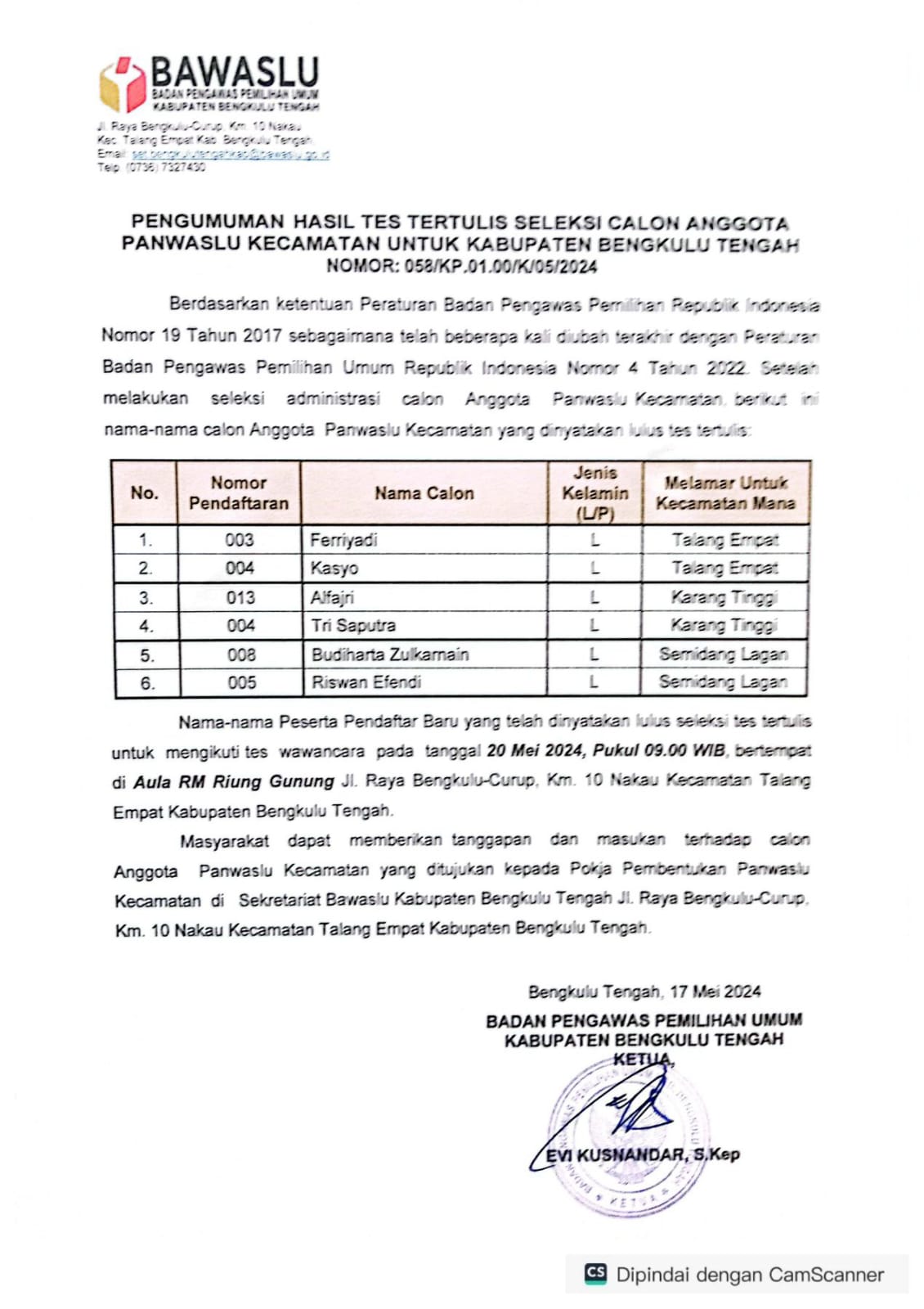 Hasil tes Tertulis Panwaslu Kecamatan Kabupaten Bengkulu Tengah