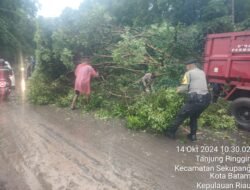 Di Tengah Hujan deras, Personil Samapta Polresta Barelang Evakuasi Pohon Tumbang dan Banjir